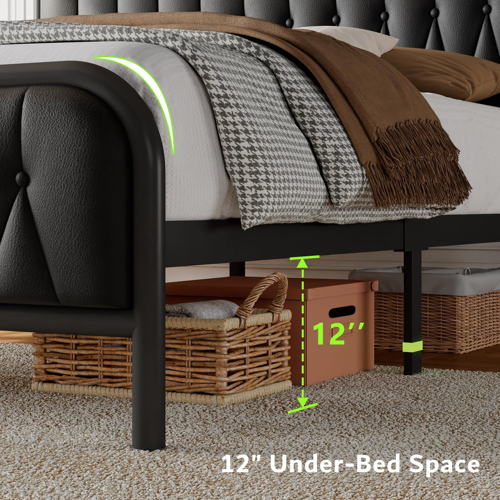 Black Leather Full Size Bed Frame with Charging Station Q49185