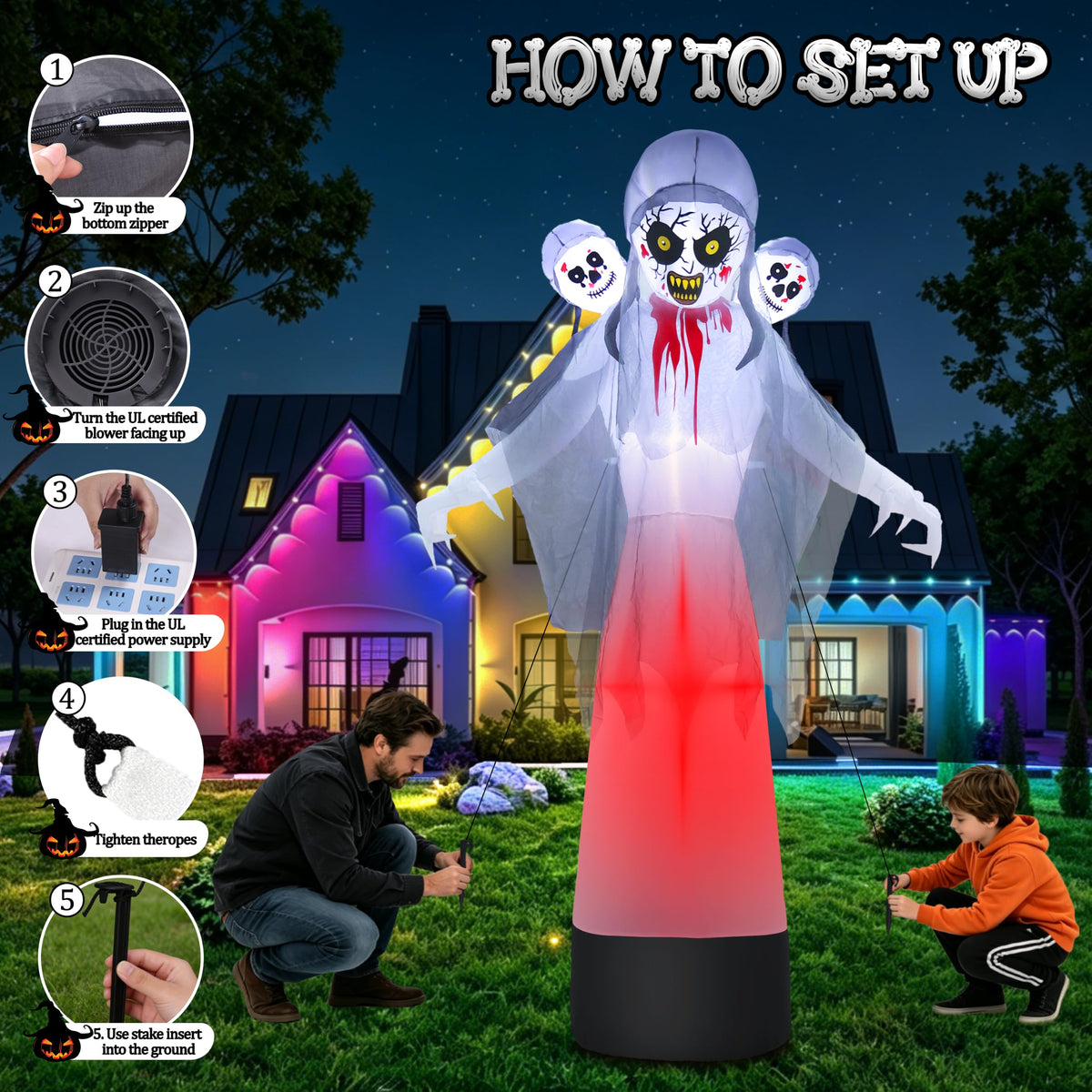 8.6FT Halloween Inflatable Grim Reaper Ghost with Skull Heads K15252